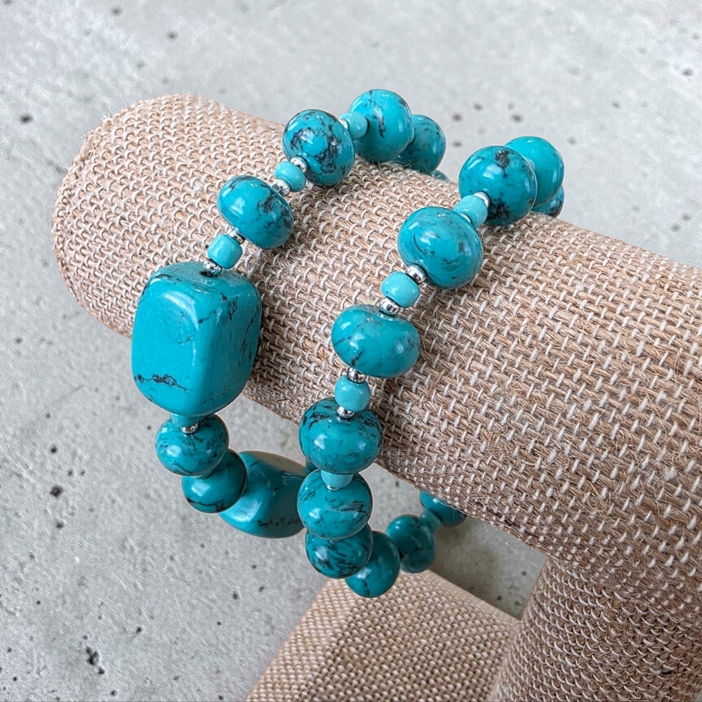 Boho Turquoise Beaded Stretch Bracelet Set - Chunky Statement Stack